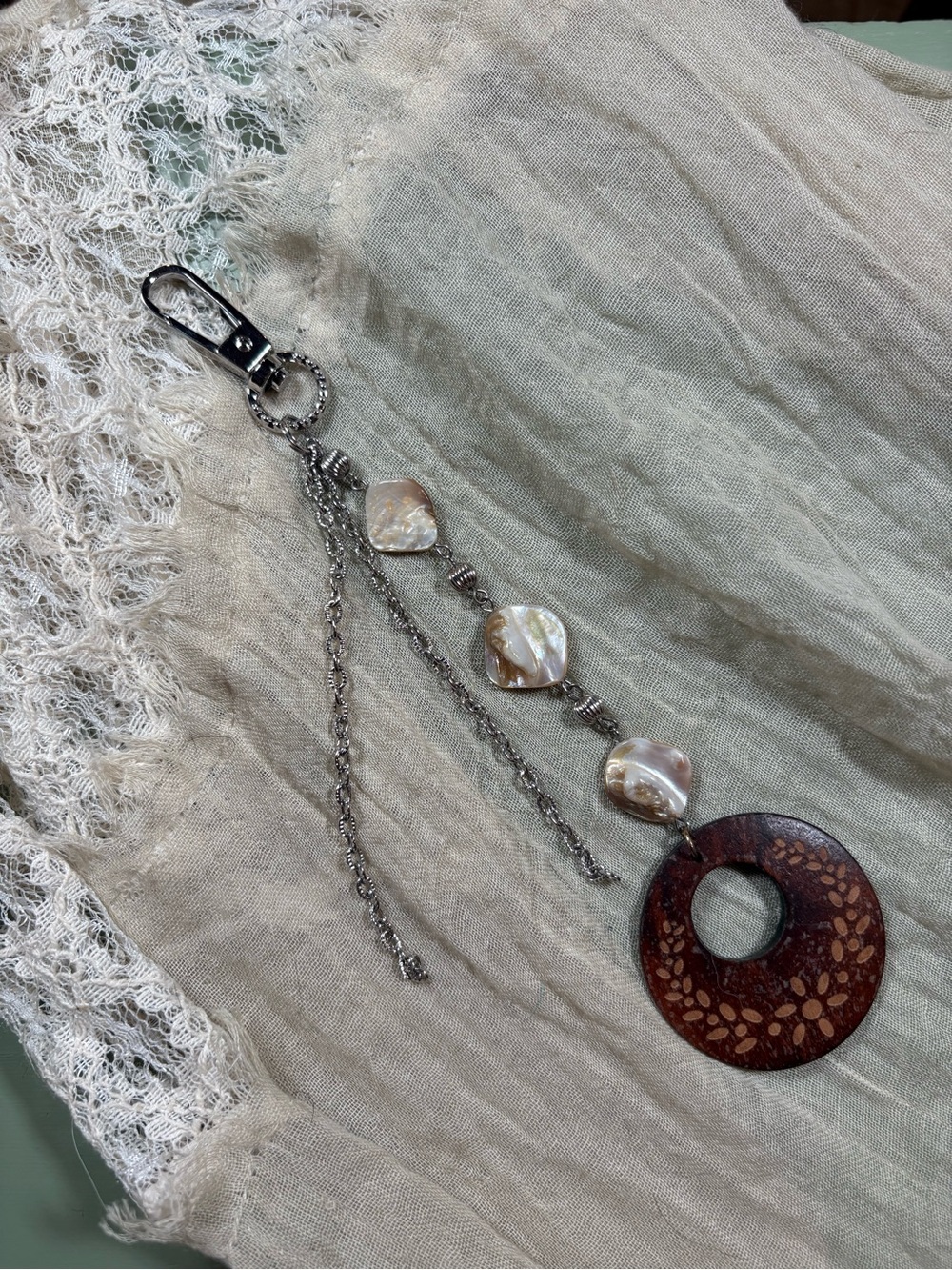 Upcycled Beaded Shell and Wood Circle Purse Charm - Brown & Pearl